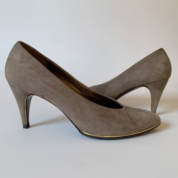 Vintage Bruno Magli Taupe Suede Gold Trim Pumps Heels - Picture 2 of 13